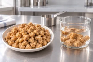 BCTVP soy fiber protein chunks shown dry and soaking during a controlled rehydration trial