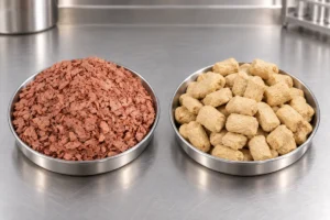 BCTVP fibrous soy protein flakes and textured vegetable protein chunks compared side by side
