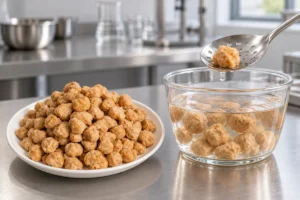 Tan soy fiber protein chunks arranged on a white plate before hydration testing