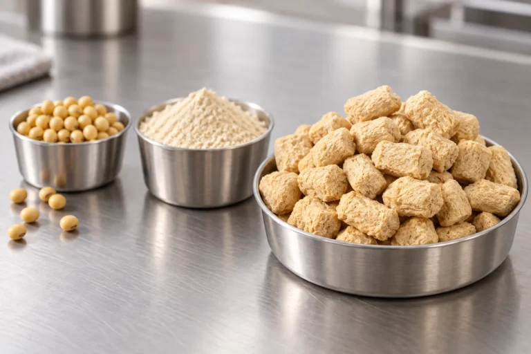 Soybeans, soy flour and BCTVP textured vegetable protein chunks shown as ingredient stages