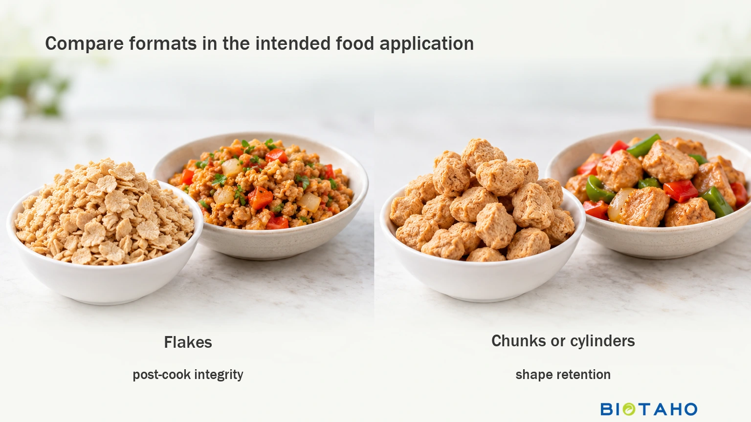 Compare flakes and chunks using the preparation and finished-food questions relevant to each format.