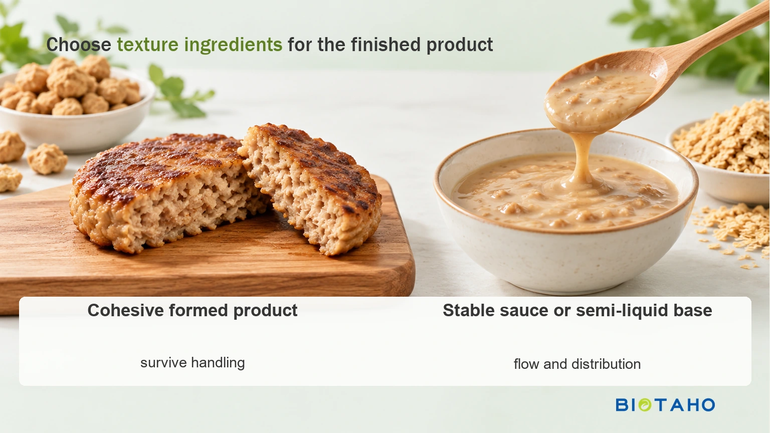 Match the evaluation to the food: a formed patty and a sauce have different texture requirements.