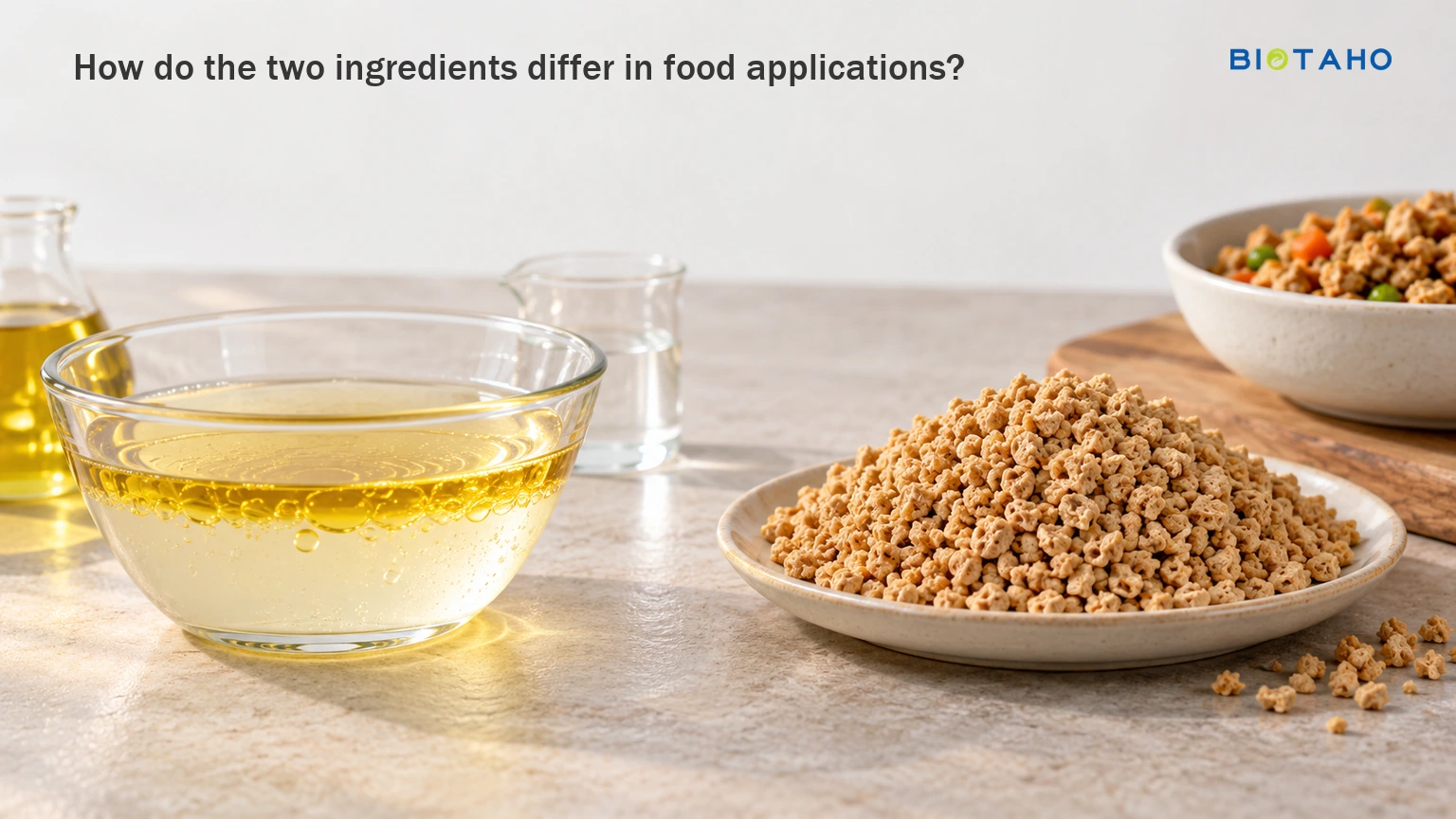 Lecithin and textured protein granules are evaluated for different formulation jobs. — illustrative food preparation scene