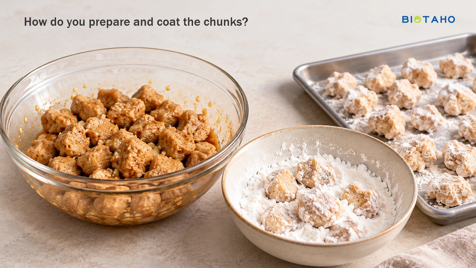 Drain and season the prepared pieces before adding the starch coating. — illustrative food preparation scene
