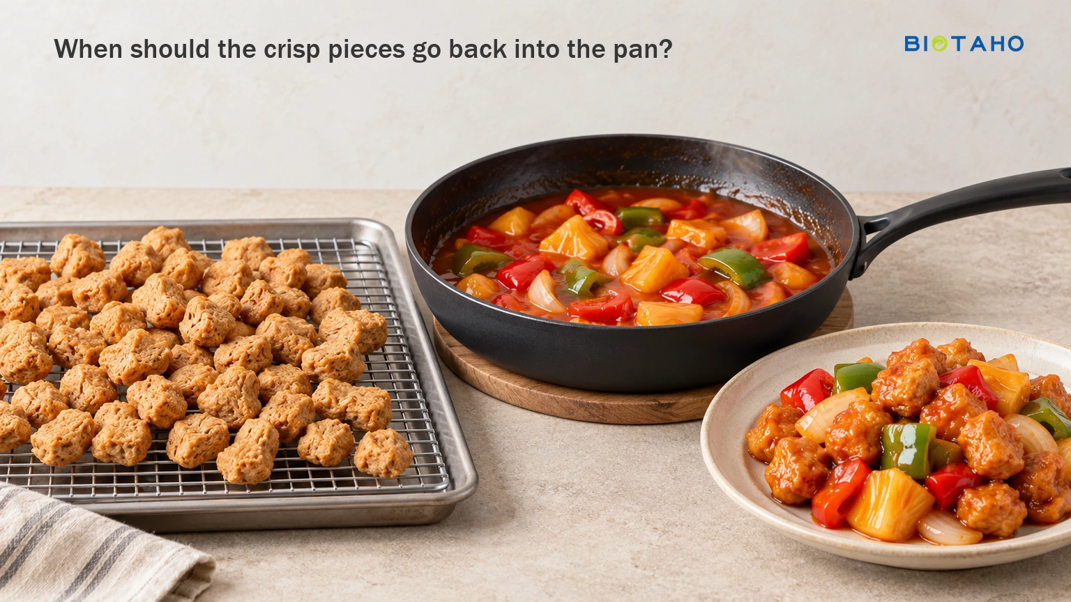 Keep the crisp bites separate from the sauce until the final toss. — illustrative food preparation scene