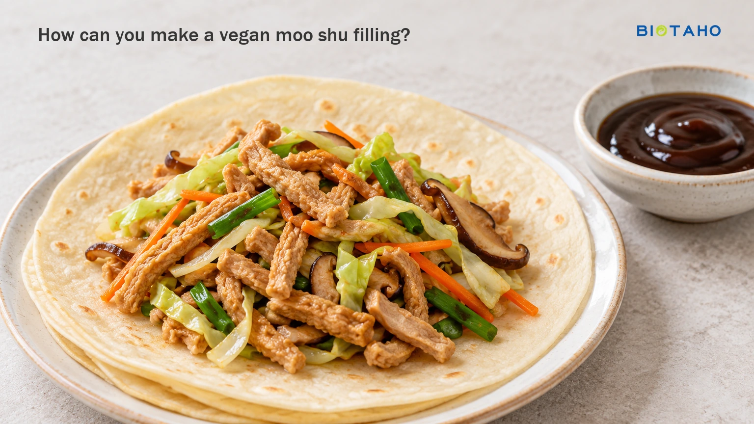 Keep the moo shu filling fairly dry so it sits neatly inside the pancake. — illustrative food preparation scene