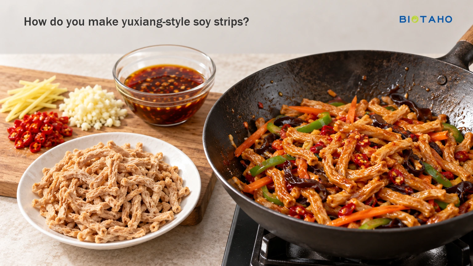 Mix the yuxiang-style sauce before cooking and add a light glaze near the end. — illustrative food preparation scene