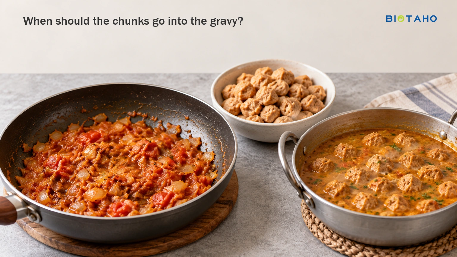 Cook the onion-tomato base before adding the prepared chunks and final liquid. — illustrative food preparation scene