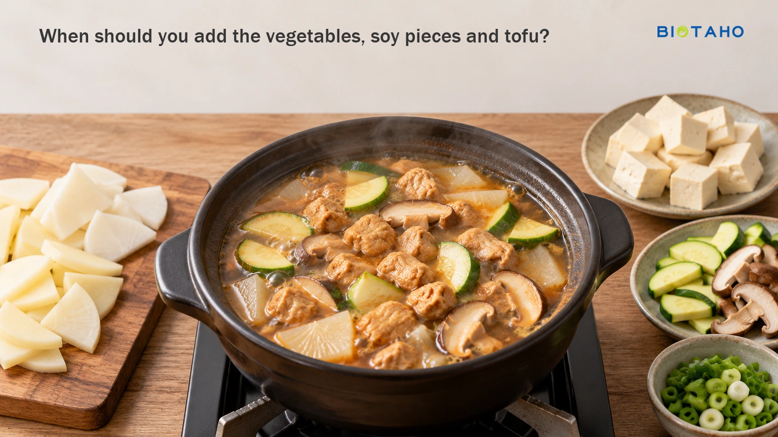Add slower-cooking vegetables first and handle tofu gently near the finish. — illustrative food preparation scene