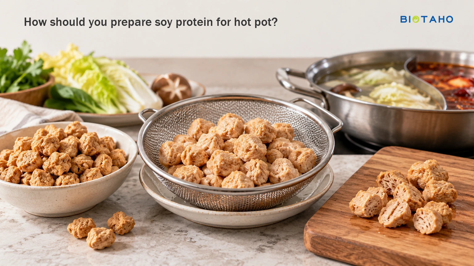 Prepare the dried soy pieces before the meal unless their instructions allow direct broth cooking. — illustrative food preparation scene