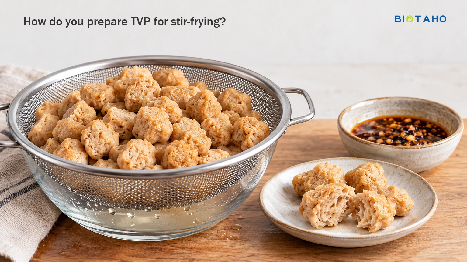 Prepare and drain the TVP before seasoning it for the stir-fry. — illustrative food preparation scene
