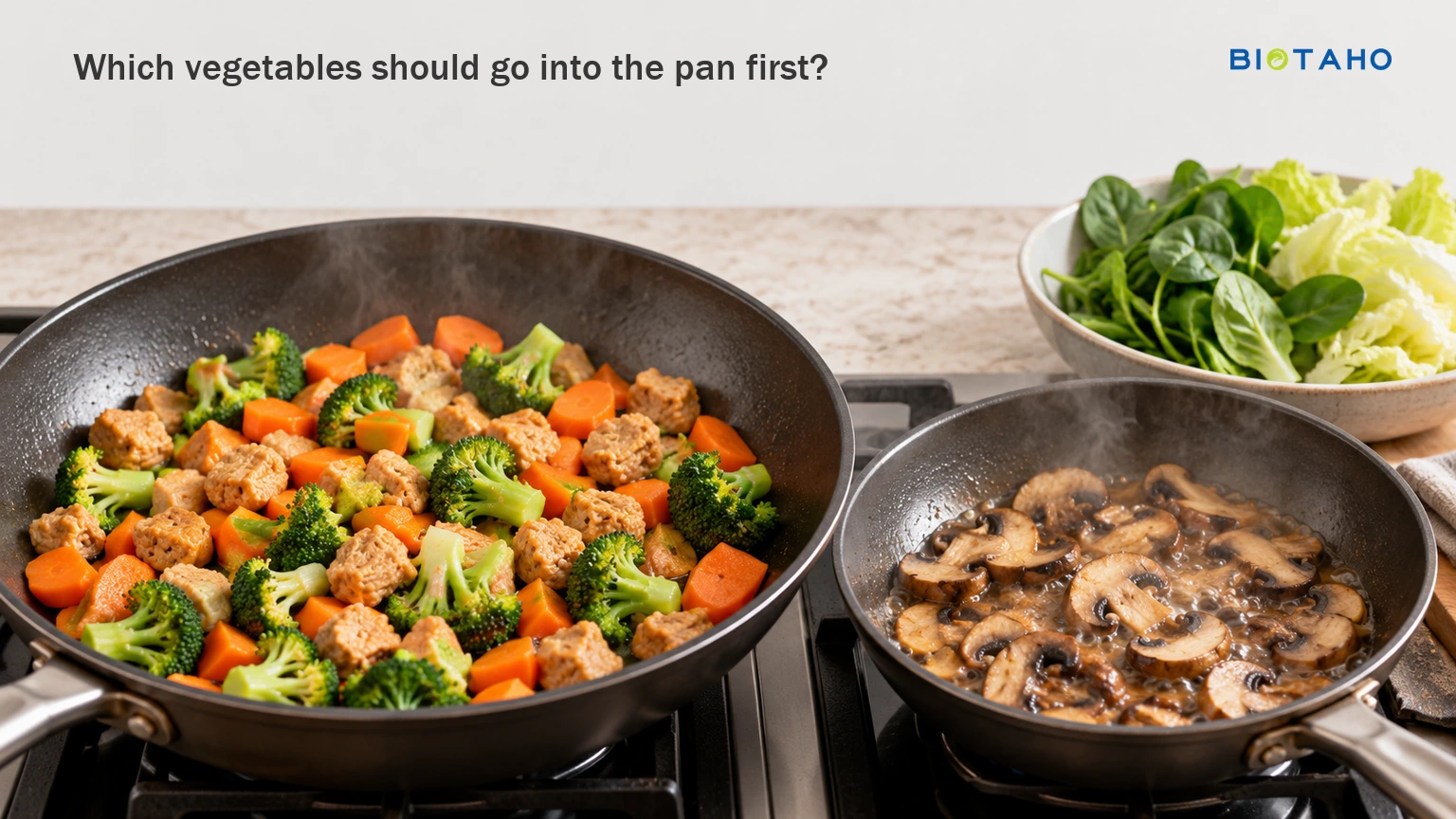 Cook firm vegetables before tender leaves and reduce mushroom liquid before combining. — illustrative food preparation scene