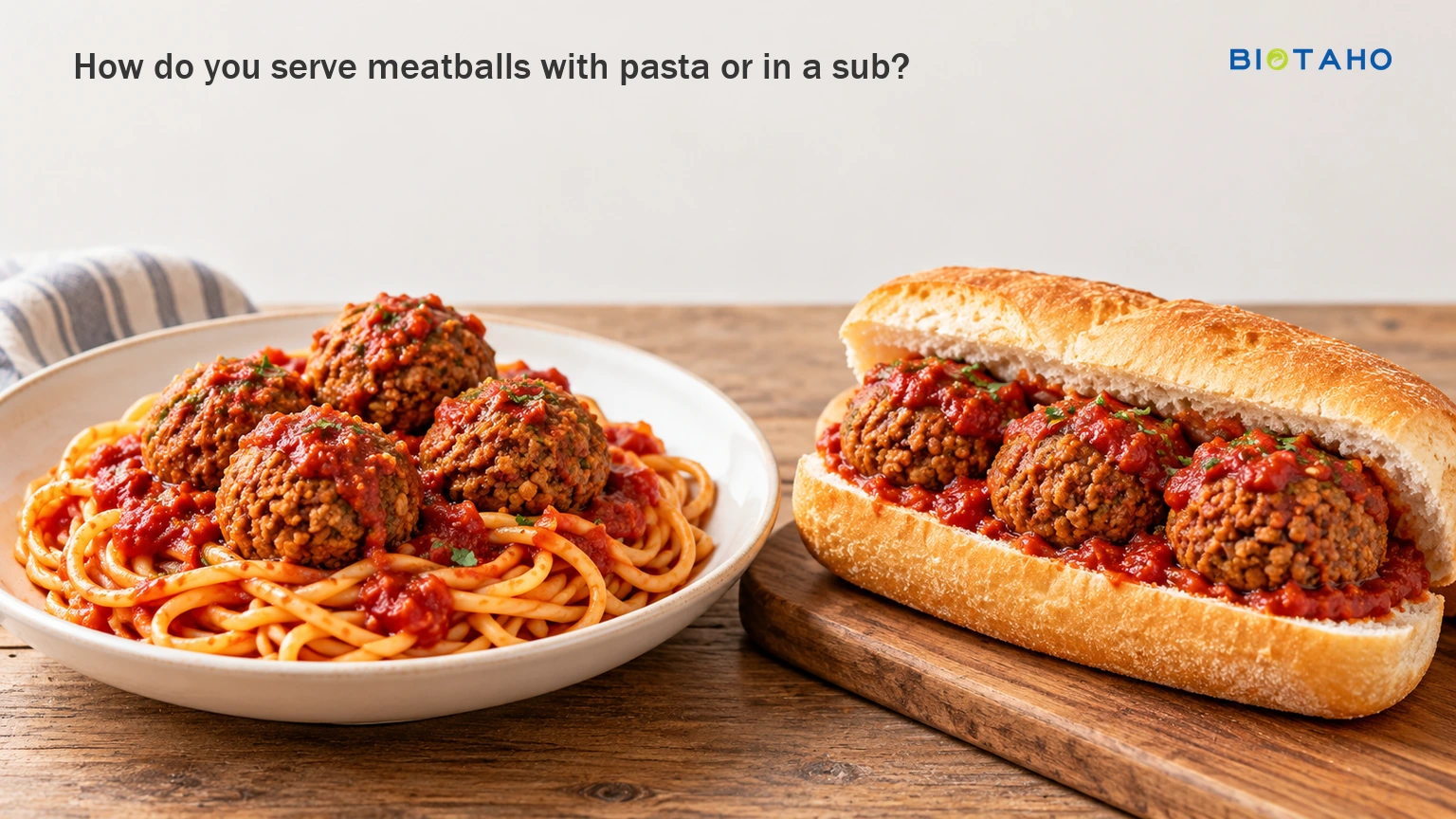 Warm the sauce separately and use a modest amount when serving meatballs in a sub. — illustrative food preparation scene