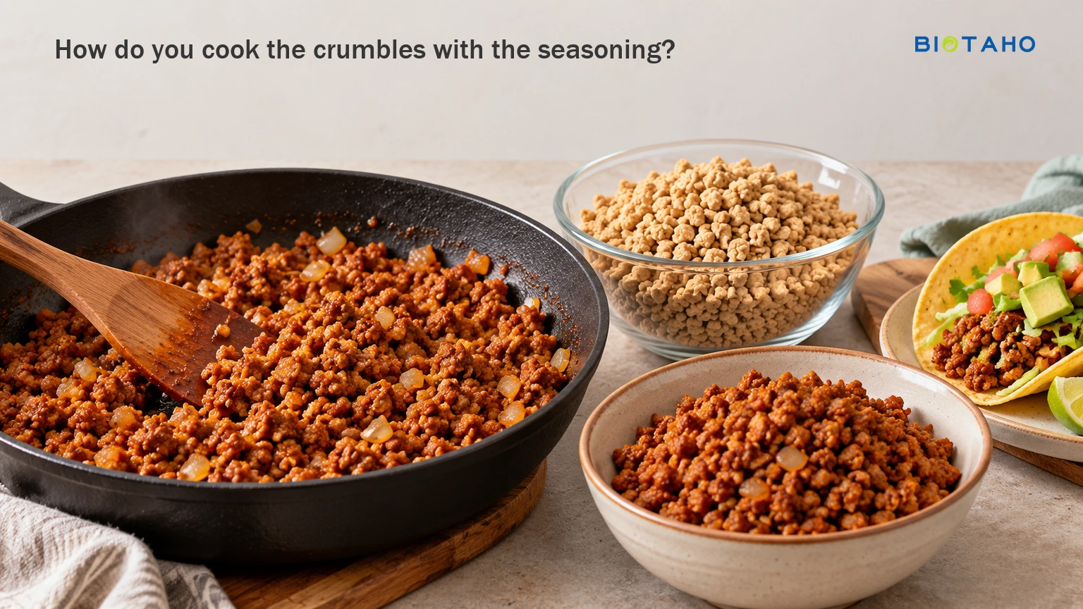 Cook the aromatics and spices, then mix in the prepared crumbles and reduce excess liquid. — illustrative food preparation scene