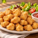 Golden plant-based nuggets with tomato dip and salad, illustrative serving suggestion
