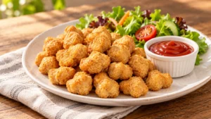 Golden plant-based nuggets with tomato dip and salad, illustrative serving suggestion