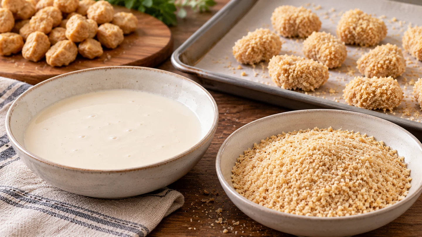 Egg-free dip and breadcrumbs beside crumb-coated plant-based nuggets