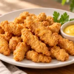 Crispy plant-based chicken-style fingers with mustard dip, illustrative serving suggestion