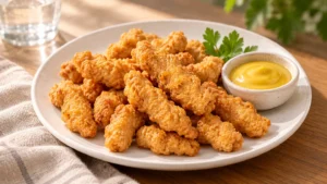 Crispy plant-based chicken-style fingers with mustard dip, illustrative serving suggestion