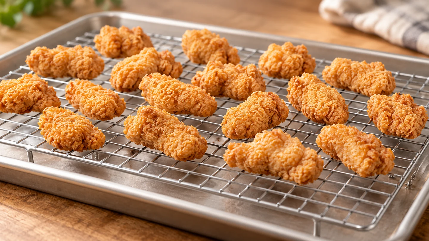 Breaded plant-based strips resting separately on a wire rack above a tray