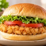 Sandwich with a breaded plant-based patty, lettuce and tomato, illustrative serving suggestion