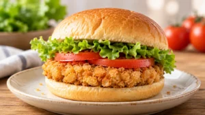 Sandwich with a breaded plant-based patty, lettuce and tomato, illustrative serving suggestion