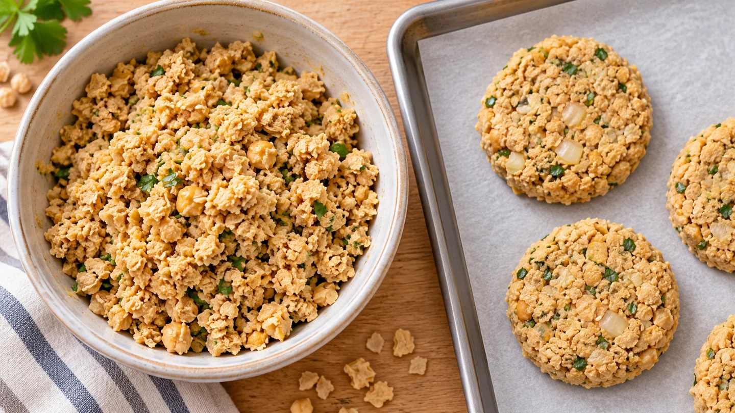 Coarse plant-based patty mixture beside flattened uncooked patties