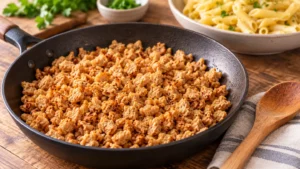 Browned plant-based TVP crumbles in a skillet, illustrative cooking suggestion