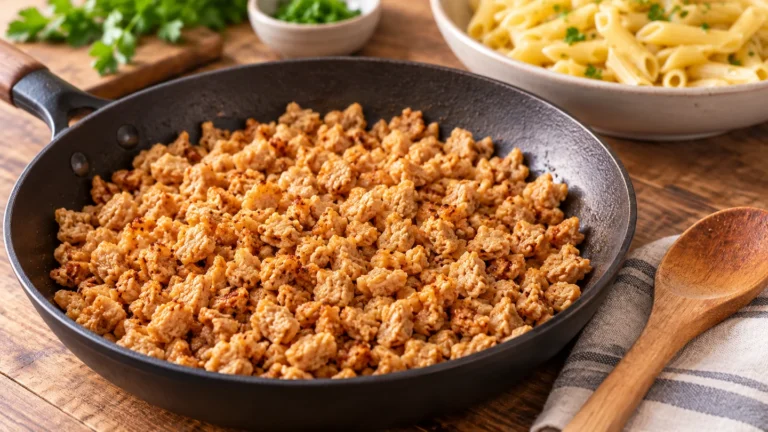 Browned plant-based TVP crumbles in a skillet, illustrative cooking suggestion