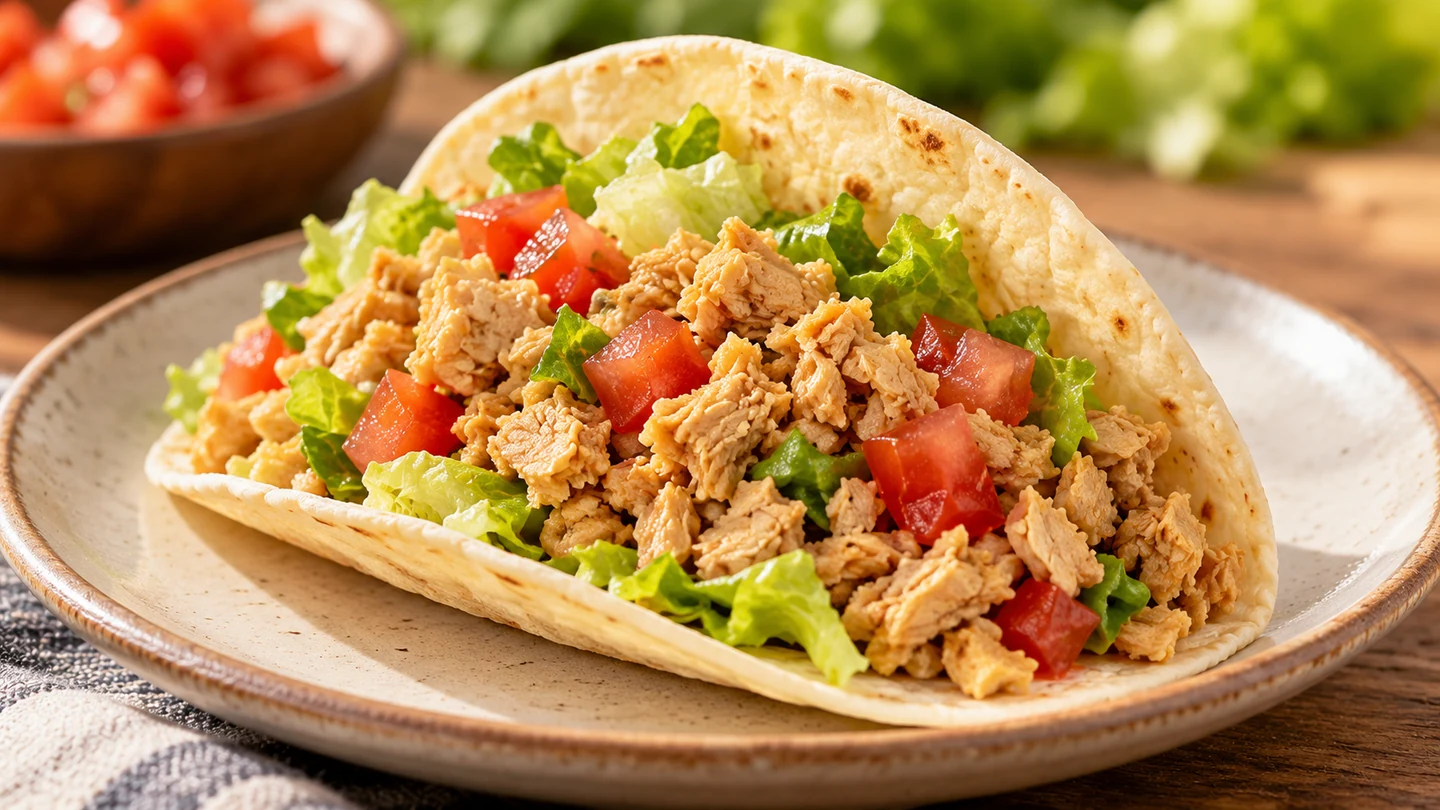 A taco filled with loose plant-based crumbles, tomato and lettuce
