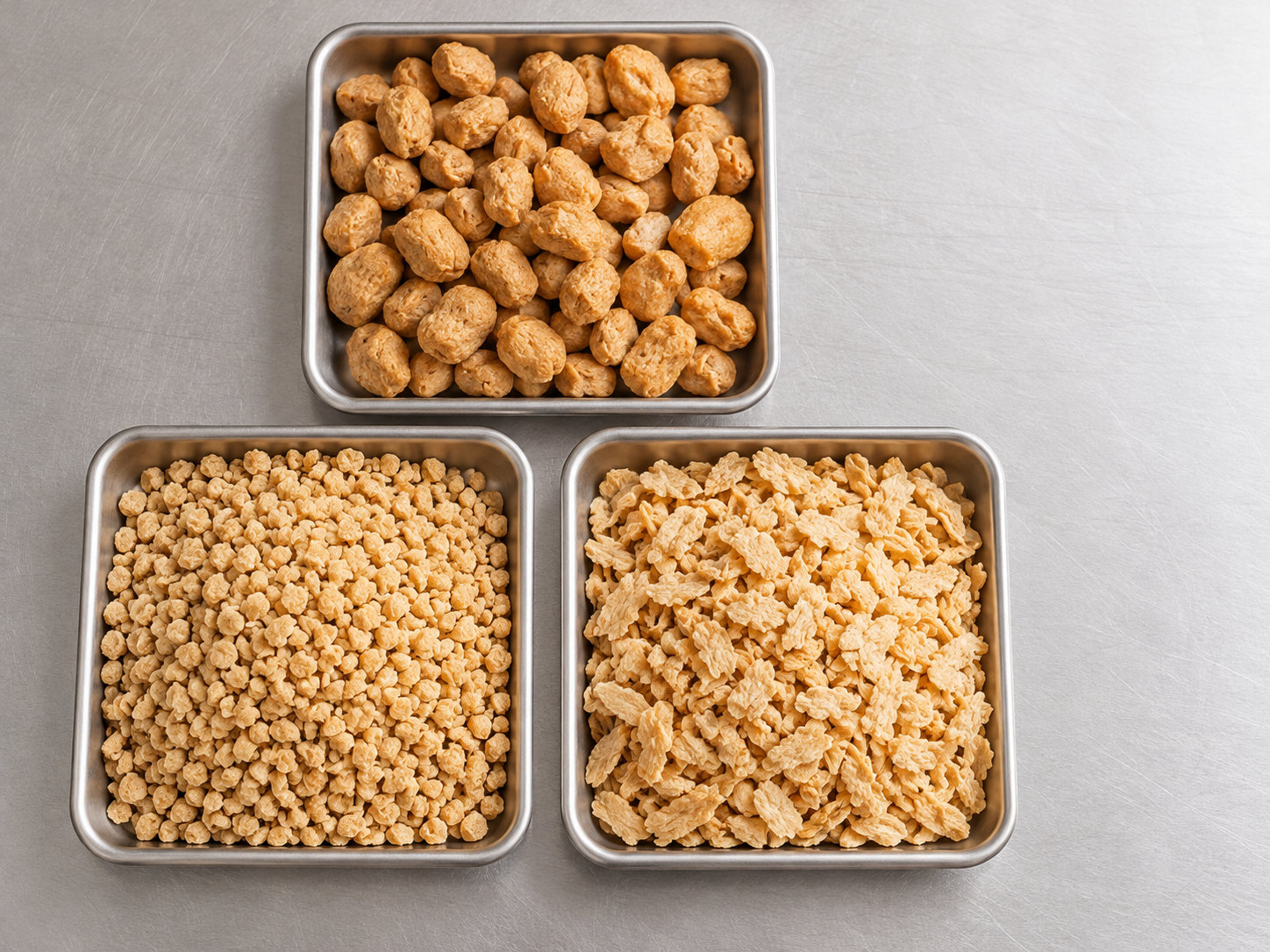 Dry textured soy protein chunks, granules, and flakes arranged for format comparison