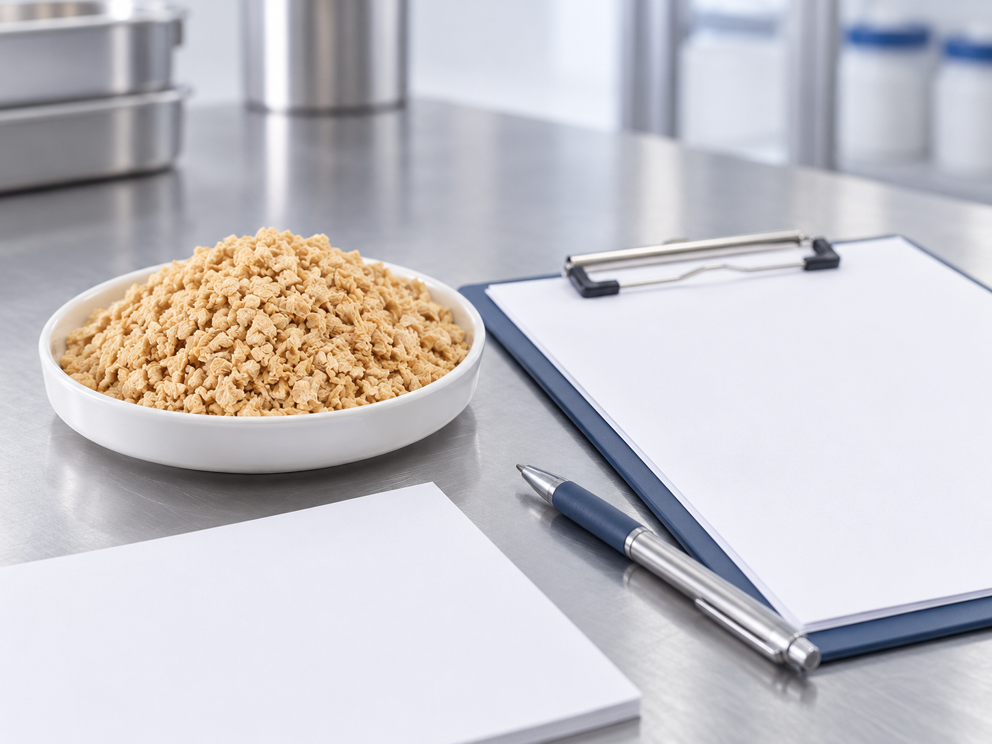 Textured soy protein sample beside blank specification and batch review documents