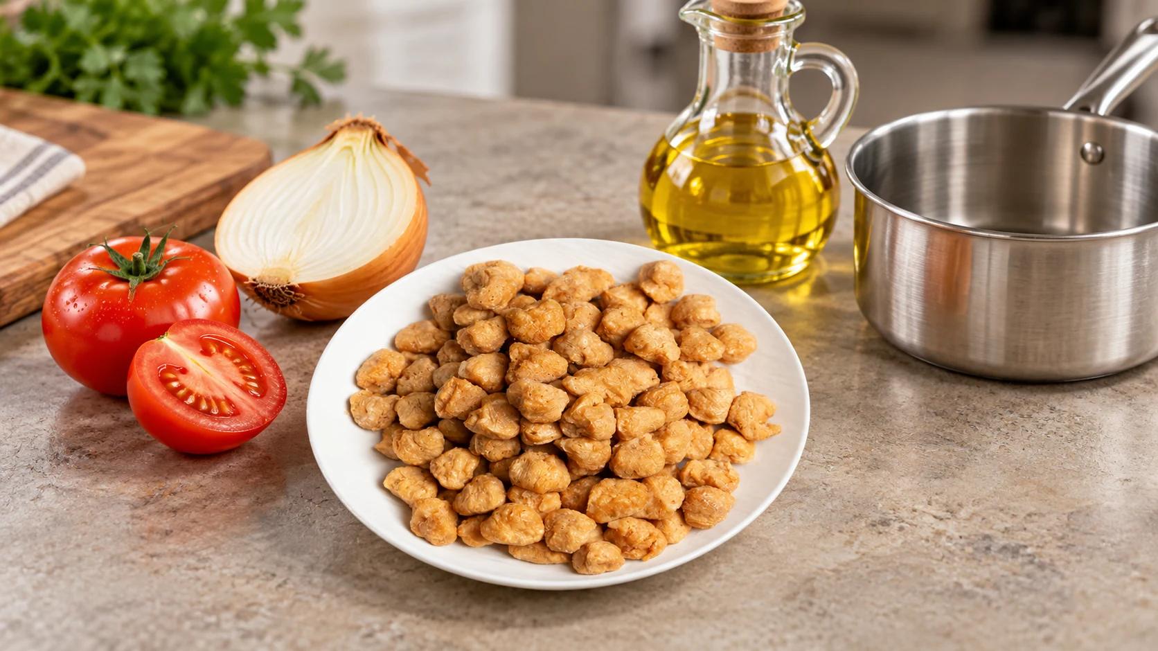 Textured soy protein with vegetables and cooking ingredients beside a soup pot