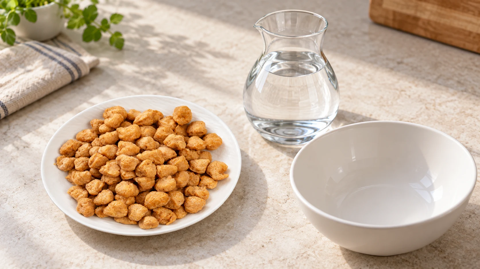 Dry textured soy protein beside water and an empty bowl for portion preparation